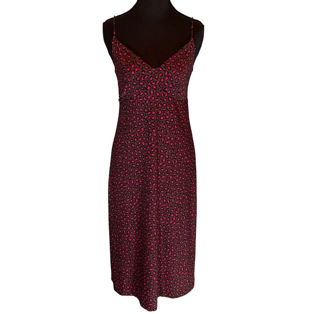 Pink Brown Leopard Print Midi Slip Dress Tie Back Cutout Small 90s Grunge Glam